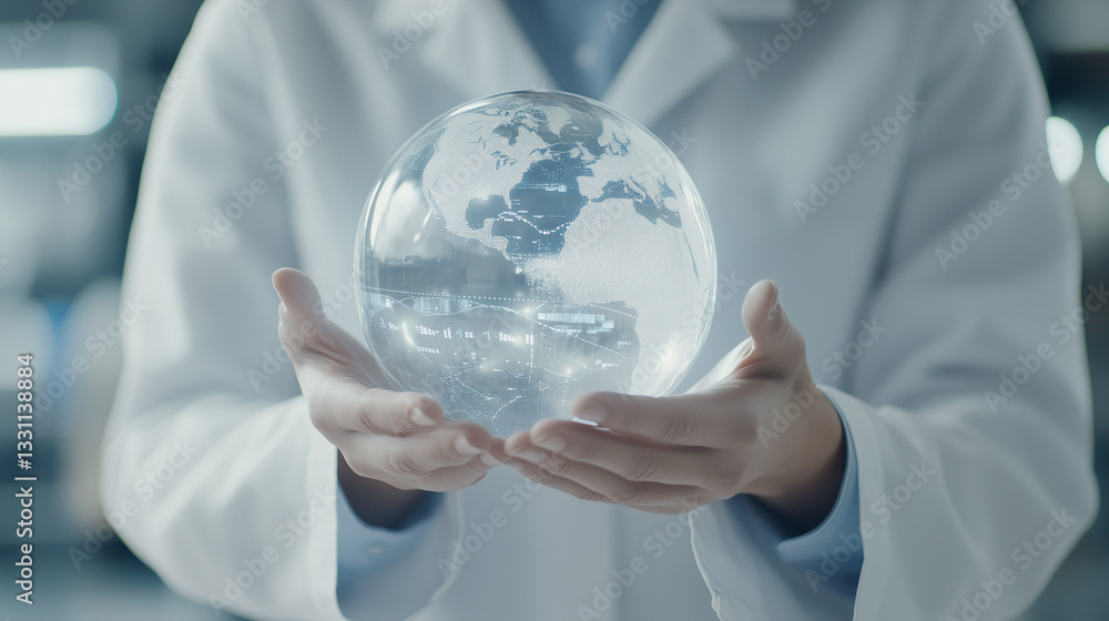 Global Vision: A scientist tenderly holds a delicate glass globe depicting the Earth, symbolizing scientific research, environmental responsibility, and a vision for a better world. Global Vision: A scientist tenderly holds a delicate glass globe depicting the Earth, symbolizing scientific research, environmental responsibility, and a vision for a better world.