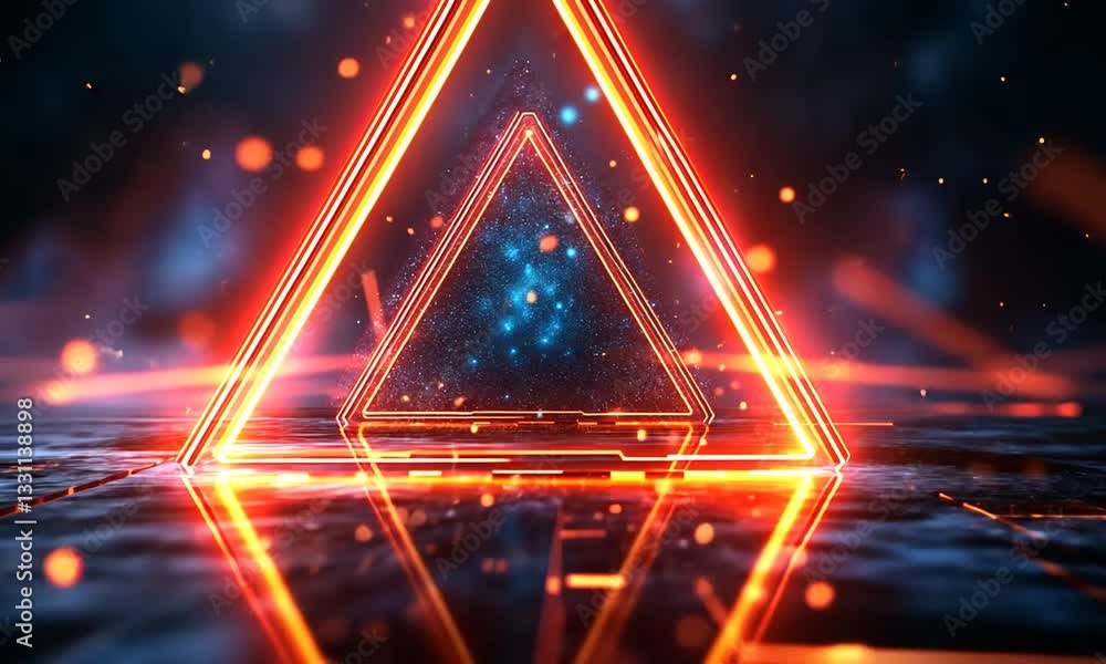 Futuristic glowing triangle in a cosmic setting with vibrant lights reflecting on the surface Futuristic glowing triangle in a cosmic setting with vibrant lights reflecting on the surface