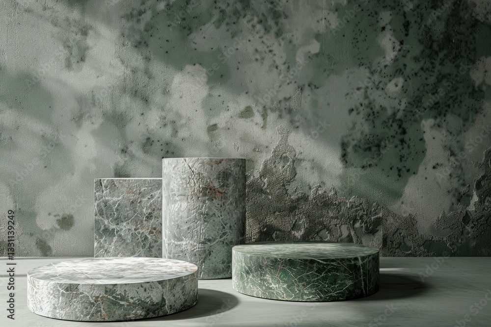 MatteTextured Stone Podiums in Soft Gray and Green Shades for Cosmetic Photography MatteTextured Stone Podiums in Soft Gray and Green Shades for Cosmetic Photography
