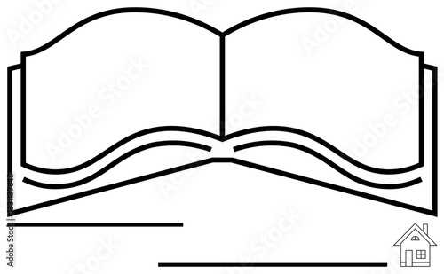 Open book with elegant lines and small house icon. Ideal for education, home learning, study, library, literature, self-study, publishing. Flat simple metaphor