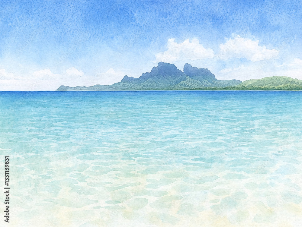 Naklejka premium Serene Watercolor Seascape of a Tropical Island Paradise