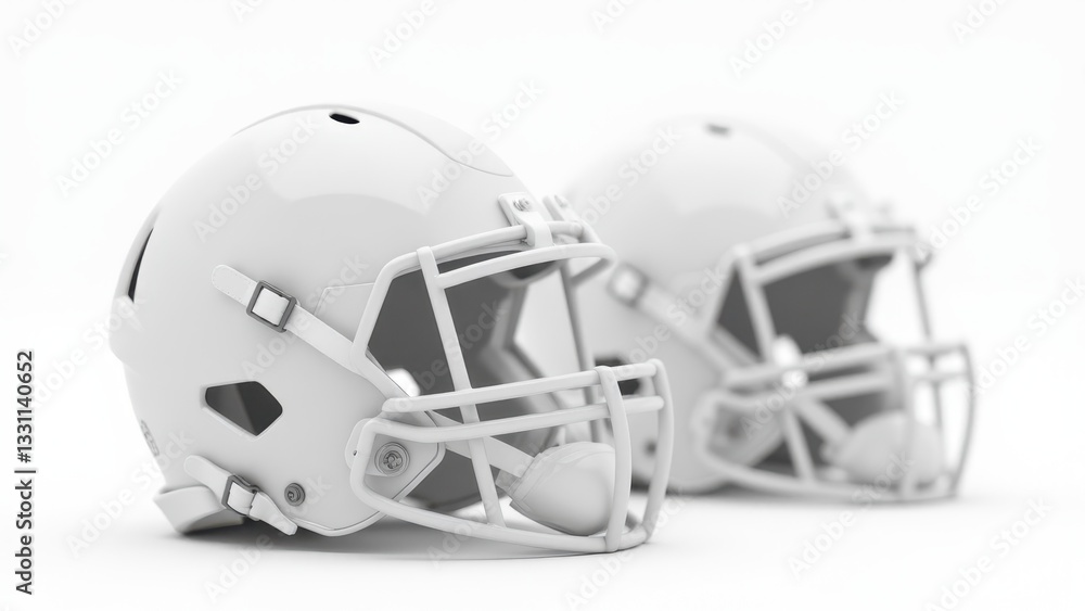Fototapeta premium Two white football helmets with face guards are placed side by side, showcasing their design and structure.