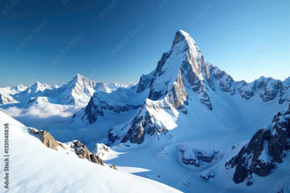Fototapeta premium Snow-covered mountain peaks with sparkling crystals, peak, crystal