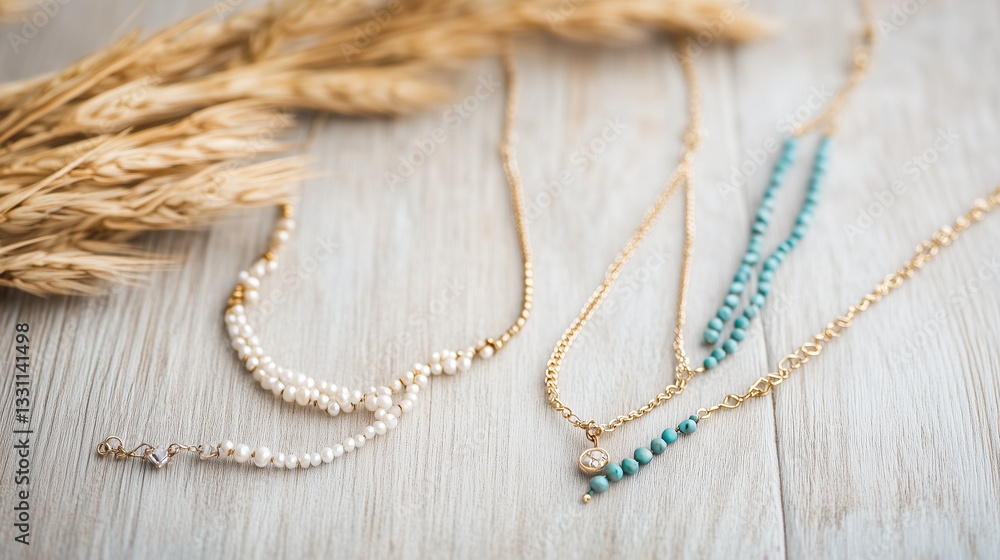 Φωτογραφία Artisan Necklaces: A captivating close-up of exquisite handcrafted necklaces, delicately displayed with a backdrop of rustic wheat, exuding elegance and artistic charm