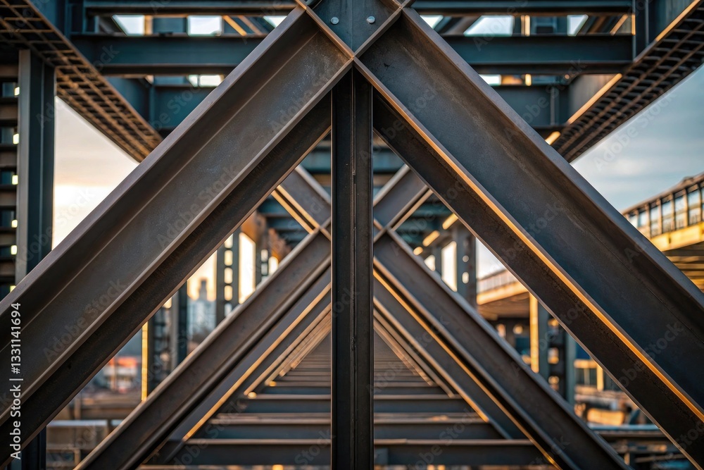 Fototapeta premium Intricate steel structure captured at sunset, showcasing modern engineering and design.