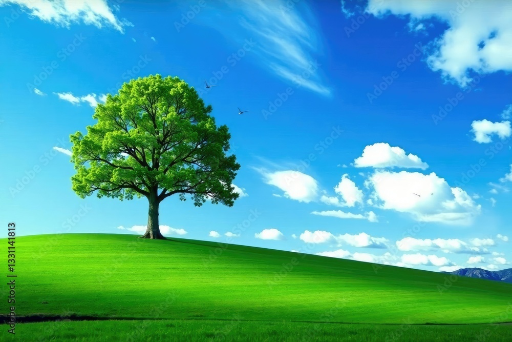 Obraz premium stunning landscape featuring a lone tree against blue sky, solo tree, blue