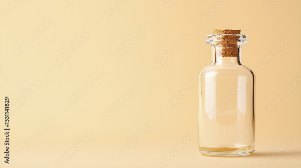 Empty glass bottle with cork on soft yellow background, perfect for storage or decoration Empty glass bottle with cork on soft yellow background, perfect for storage or decoration