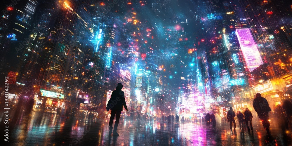custom made wallpaper toronto digitalFuturistic cityscape scene with vibrant neon lights and people