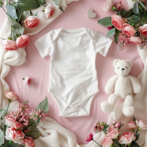 newborn baby clothes white onesie mockup with flowers flatlay