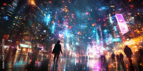 Wallpaper Mural Futuristic cityscape scene with vibrant neon lights and people Torontodigital.ca