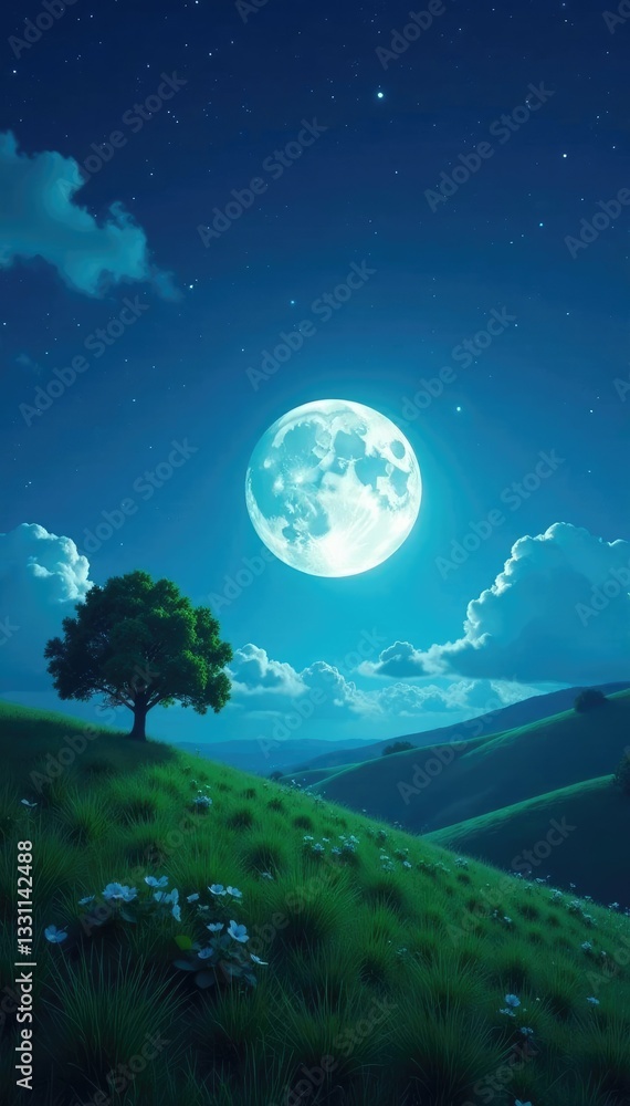 Fototapeta premium Summer night with stars and a big bright moon over a green hill, light, landscape