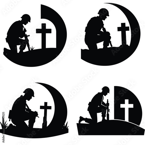 Silhouette of a soldier praying at a military graveyard, paying tribute to the courage and sacrifices of the fallen heroes