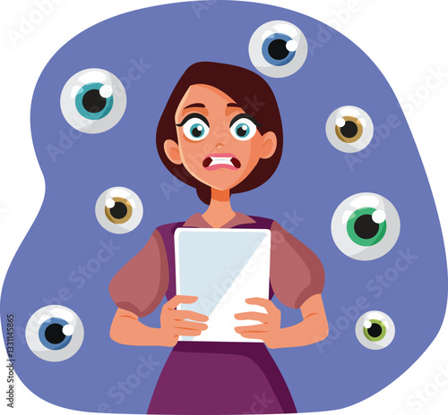 Unhappy Woman Fearful of Mass Surveillance Technology Vector Illustration. Anxious girl feeling fearful of constant monitoring online 
