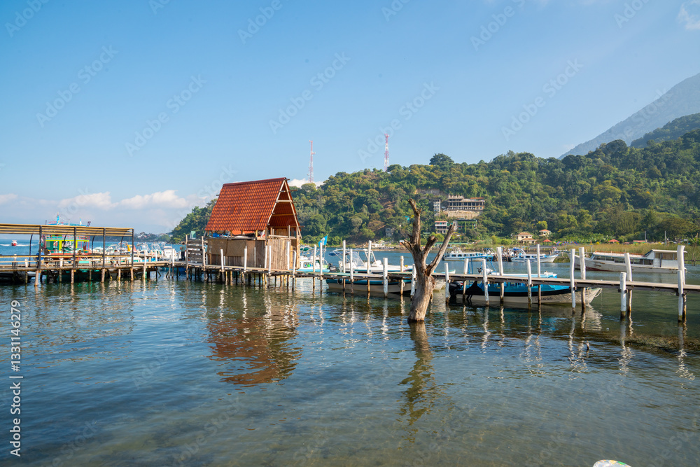 Fototapeta premium Waterfront Pier with Boats in San Juan La Laguna