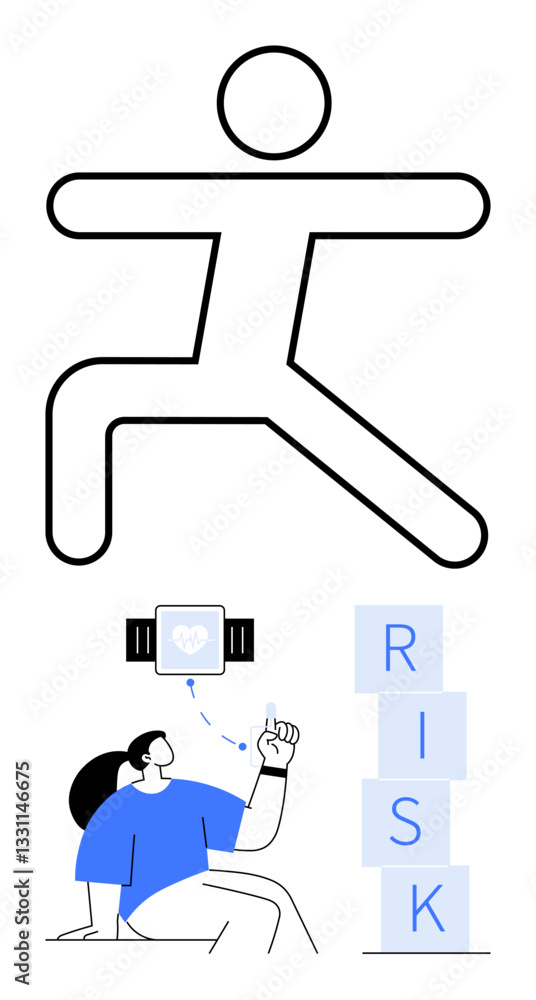 Person in workout pose wearing a fitness tracker. Heart symbol on watch and RISK blocks. Ideal for health, fitness, wearable tech, risk management, data, preventive care, abstract line flat metaphor Person in workout pose wearing a fitness tracker. Heart symbol on watch and RISK blocks. Ideal for health, fitness, wearable tech, risk management, data, preventive care, abstract line flat metaphor