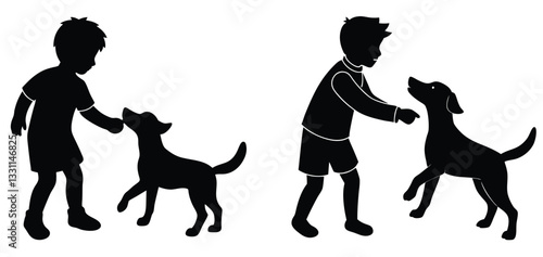 Silhouette illustration of boys interacting with playful dogs, celebrating the innocence and connection between children and animals