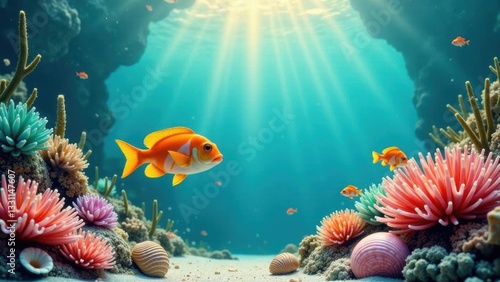 Vibrant Underwater Scene with Colorful Coral Reef and Orange Fish Swimming in Sunlit Ocean Depths