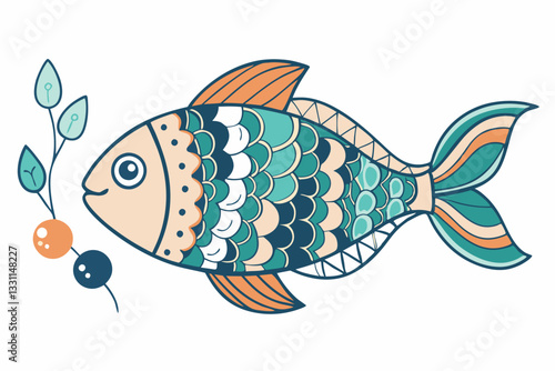 A stylish hand-drawn vector illustration featuring boho-style fish in a cartoon flat design.
