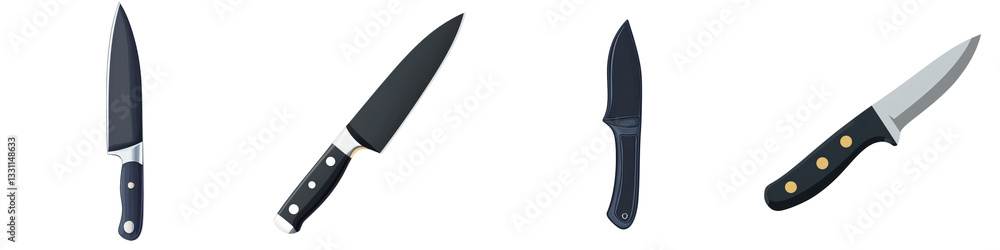 Set of kitchen knives, standing stationary on a clean, white surface, providing a crisp, minimalist background isolated on white or transparent Set of kitchen knives, standing stationary on a clean, white surface, providing a crisp, minimalist background isolated on white or transparent