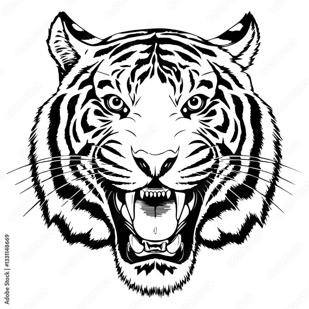 Fototapeta premium Roaring Tiger Face with Intense Expression Vector White Background