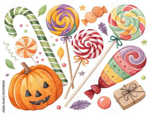 A vibrant watercolor collection of assorted candies and sweets, including candy canes, spiral lollipops, swirl lollipops, and jelly candies.
