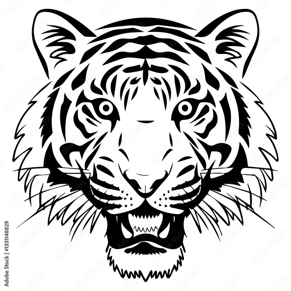Fierce Tiger Head Silhouette Front View Vector White Background Fierce Tiger Head Silhouette Front View Vector White Background