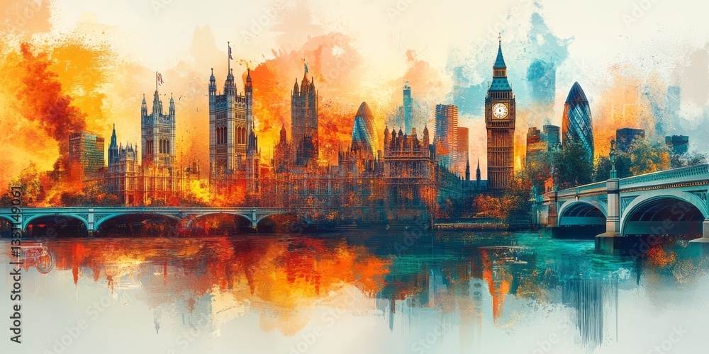Fototapeta premium Artistic impression of the London skyline reflected in water