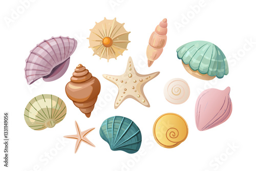 A vibrant set of sea shells, mollusks, sea snails, and starfish in a modern flat style.
