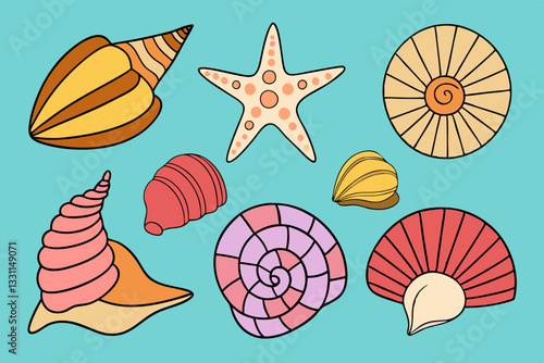 A vibrant set of sea shells, mollusks, sea snails, and starfish in a modern flat style.
