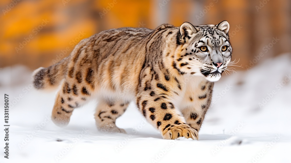 Obraz premium Snow Leopard Strolls Through Snowy Forest