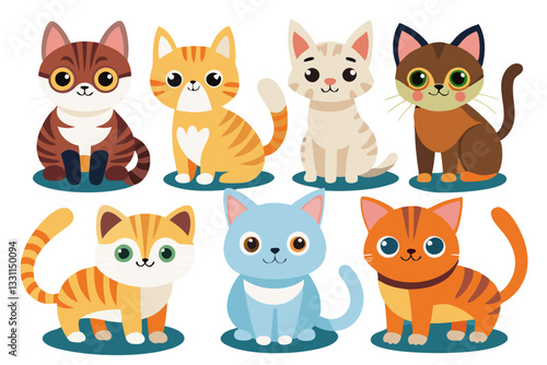 A detailed vector illustration featuring various cat breeds, showcasing different types of cute pet cats.
