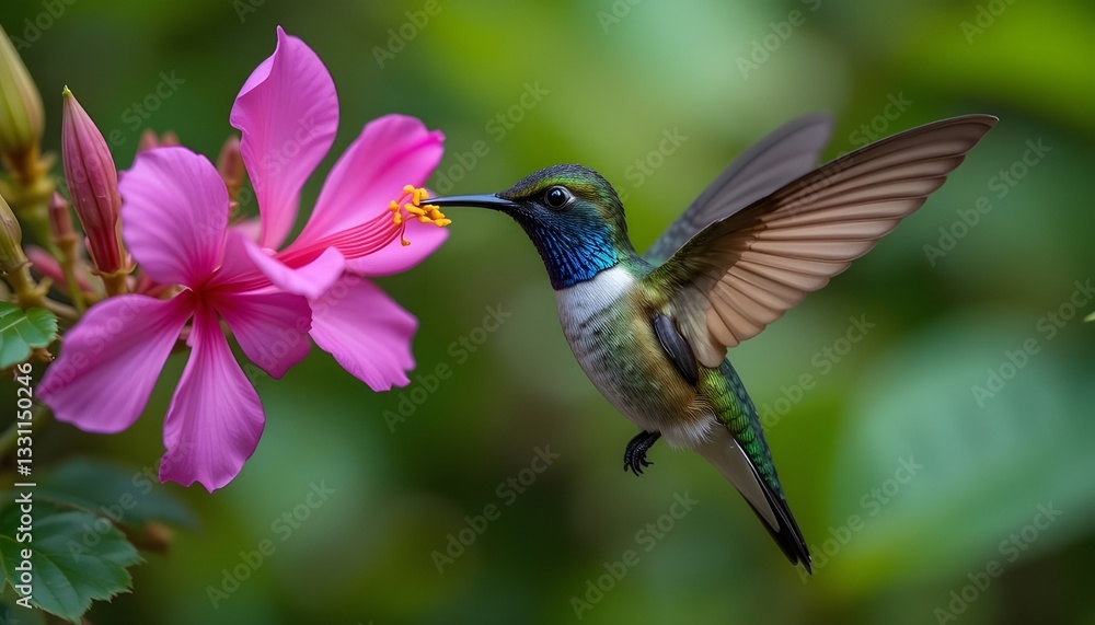 Naklejka premium Blue-vented hummingbird, Saucerottia hoffmanni, bird sucking nectar from pink flower bloom in nature. Hummingbird feeding behaviour in the garden, Rio Sarapiquí in Costa rica. Tropic nature, wildlife.