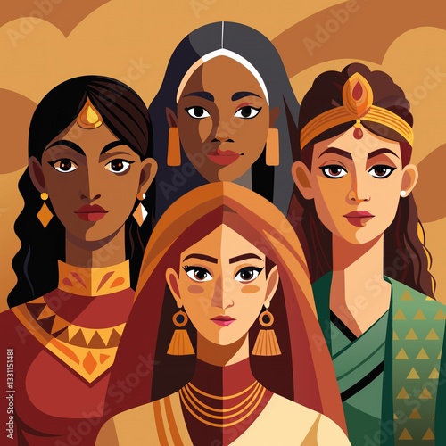 Four Diverse Women, Adorned In Vibrant Traditional Attire, Stand United, Showcasing Their Strength And Cultural Heritage In Warm, Stylized Artwork