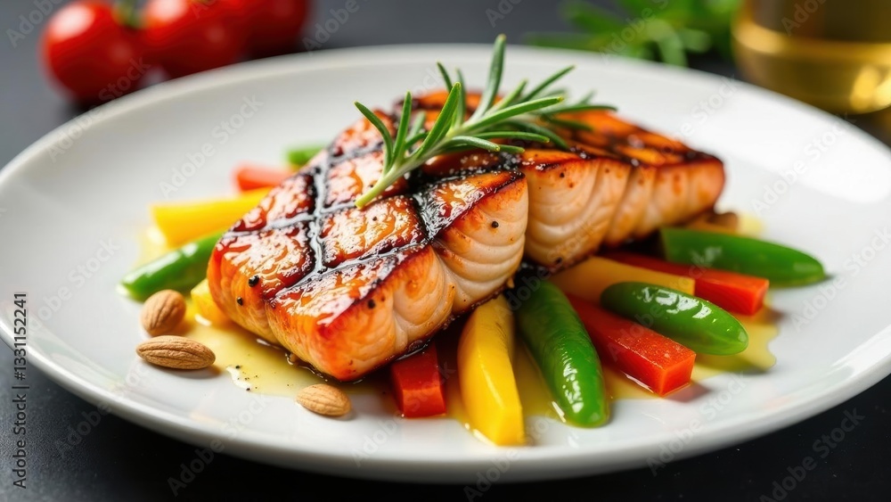 Grilled Salmon Fillet with Saut?ed Vegetables and Toasted Almonds, a Culinary Delight Grilled Salmon Fillet with Saut?ed Vegetables and Toasted Almonds, a Culinary Delight