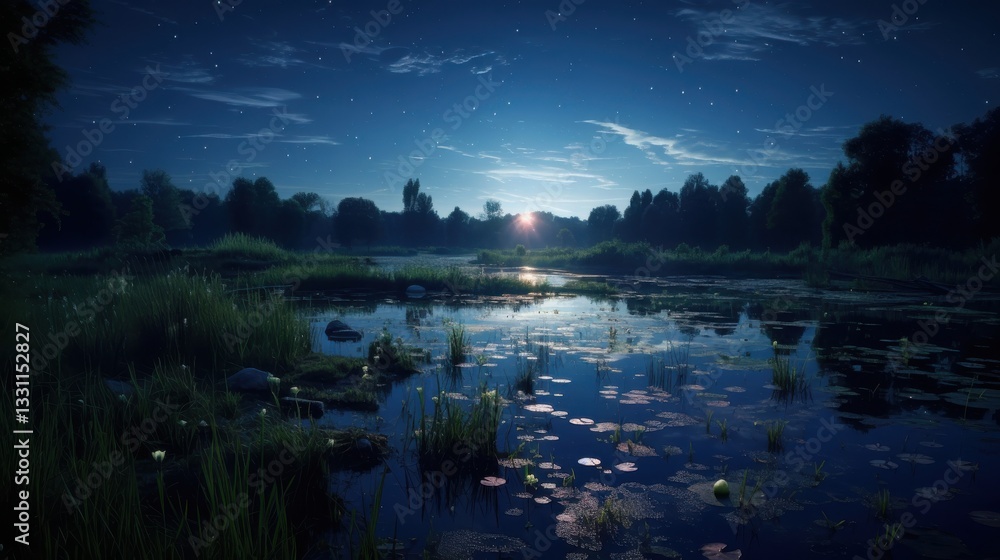 Obraz premium Tranquil Night Scene Over Calm Water with Stars and Reflection