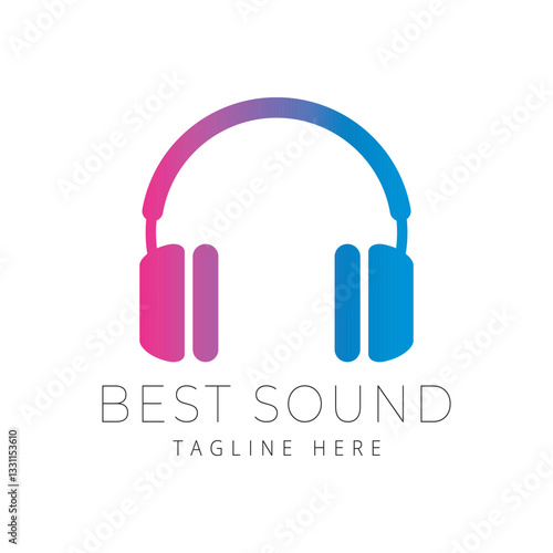 Modern music logo with stylish headphones and text in gradient colors. Perfect for music projects, DJs, recording, podcasts, radio, streaming services, online platforms, festivals and blogs