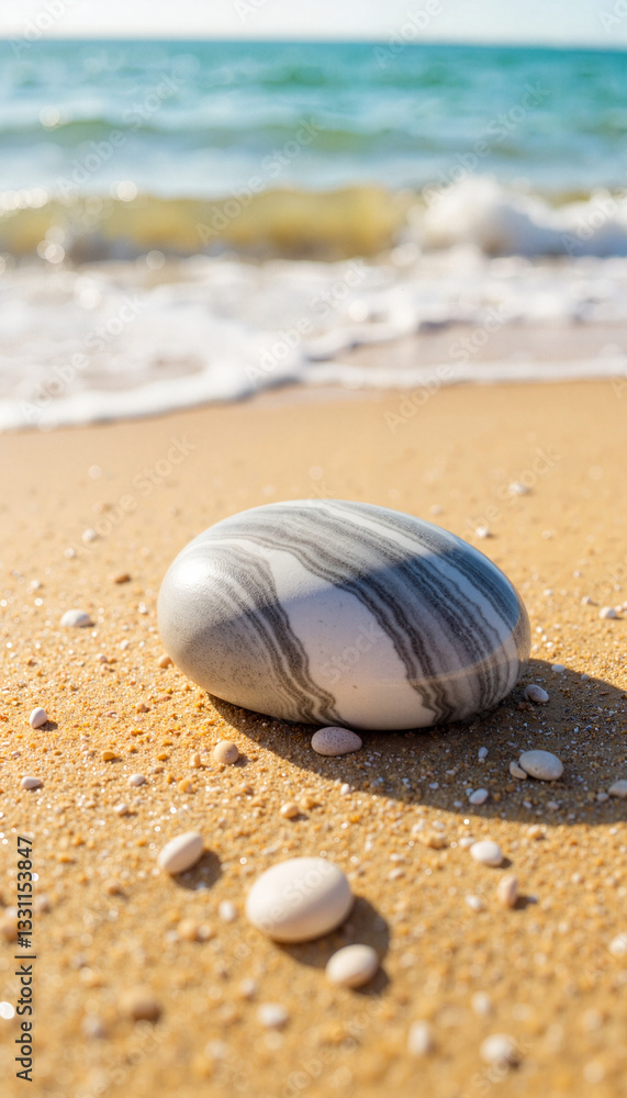 Polished beach pebble resting on golden sand, tranquility in nature Polished beach pebble resting on golden sand, tranquility in nature