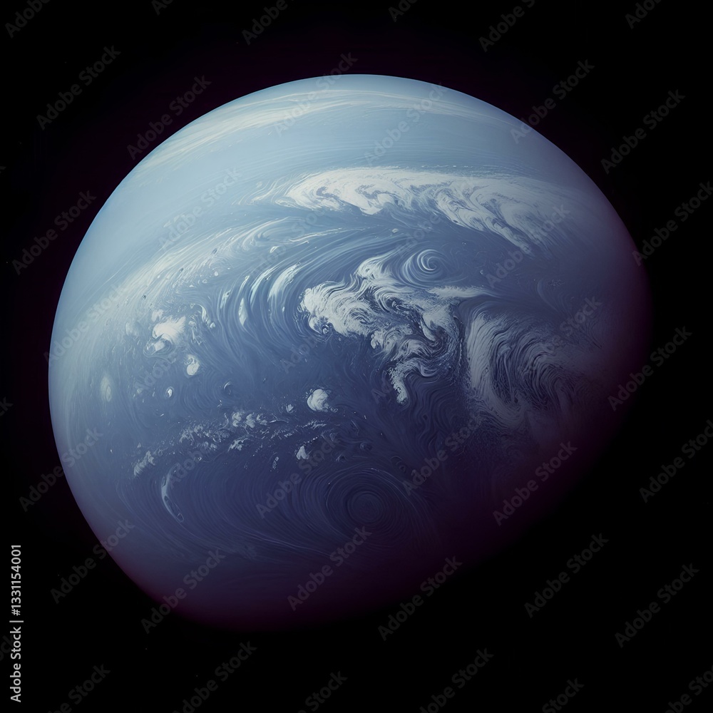 Neptune - the Ice Giant A high-resolution, deep blue image of Neptune with fast-moving white clouds and faint outlines of storms raging in the atmosphere. The planet's distant and mysterious aura is e