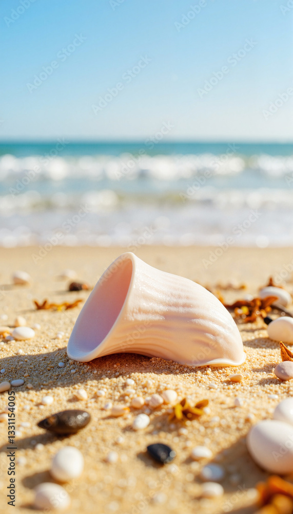 Glossy seashell resting on golden sand by the ocean, coastal beauty Glossy seashell resting on golden sand by the ocean, coastal beauty