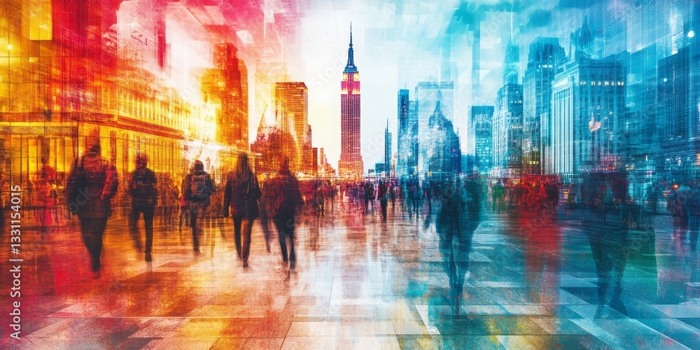custom made wallpaper toronto digitalCityscape displays blurred pedestrians and vibrant building silhouettes