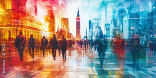 Wallpaper Mural Cityscape displays blurred pedestrians and vibrant building silhouettes Torontodigital.ca