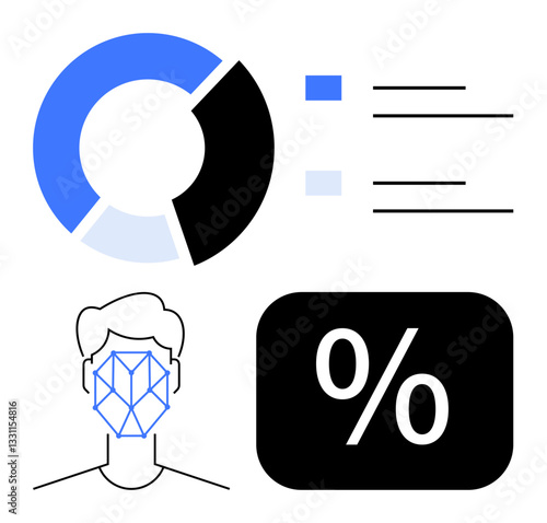 Facial biometrics grid over human face, pie chart, analytic list, percentage block. Ideal for AI, data security, statistics, technology analysis innovation user identification. Flat simple