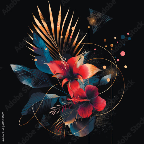 Luxury modern floral 3d pattern composition with red and blue tropical flowers, palm leaves, golden lines and abstract elements on a black background. Vector beautiful botanical illustration.