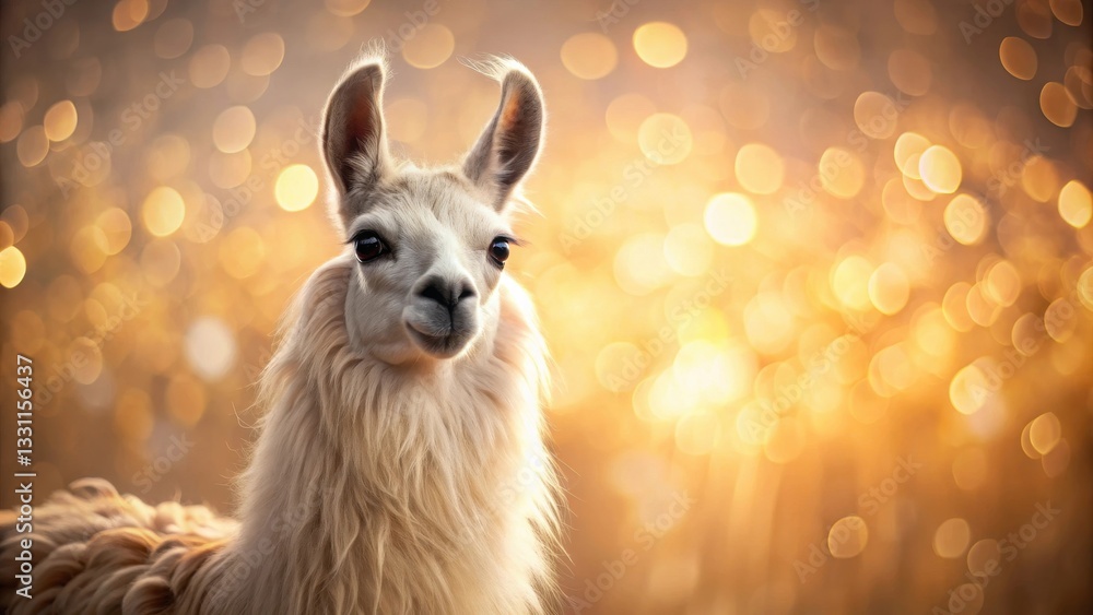 Fototapeta premium A Majestic Llama Portrait Against a Golden Bokeh Background, Symbolizing Warmth, Serenity, and the Beauty of Nature