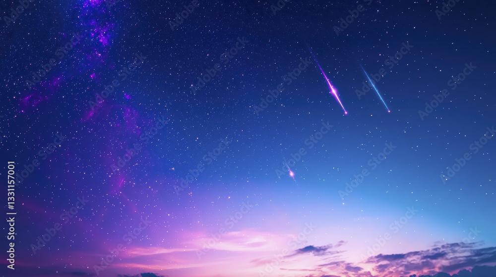 Fototapeta premium stunning cosmic scene featuring shooting stars against vibrant night sky filled with stars and colorful clouds