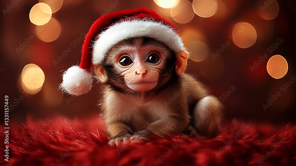 Adorable monkey in Santa hat. Adorable monkey in Santa hat.