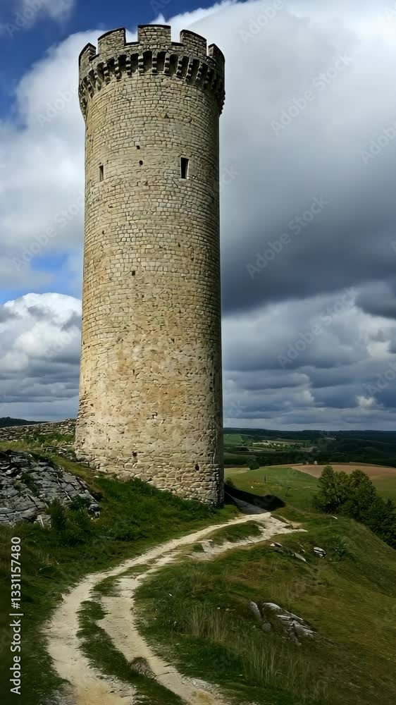 Ancient stone tower stands tall against dramatic clouds in a serene landscape Ancient stone tower stands tall against dramatic clouds in a serene landscape
