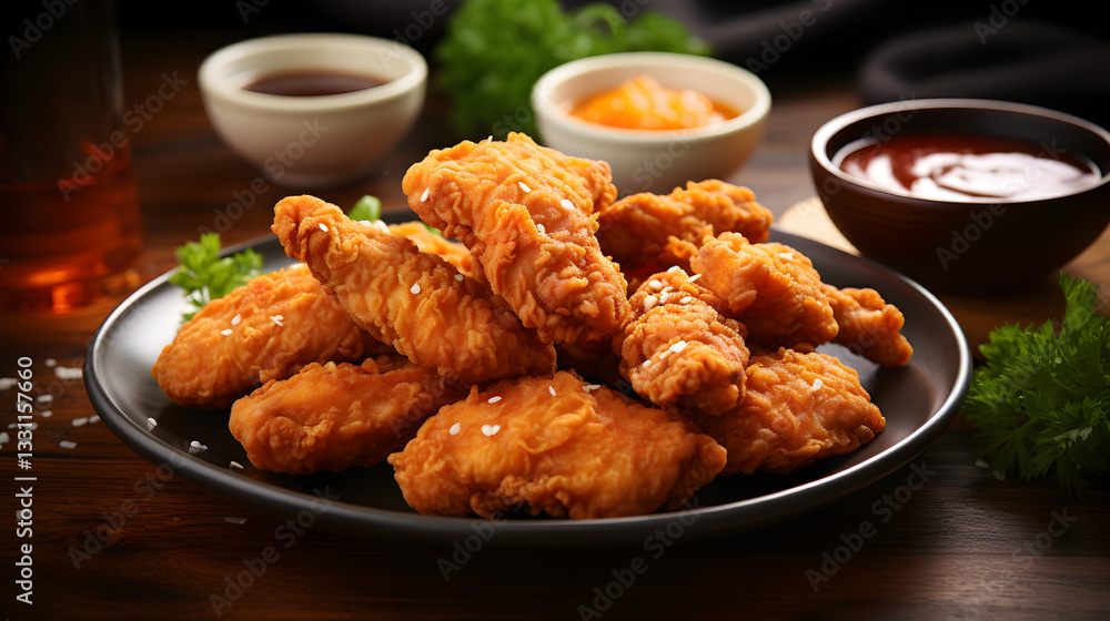 A plate of fried chicken with a side of condiments A plate of fried chicken with a side of condiments