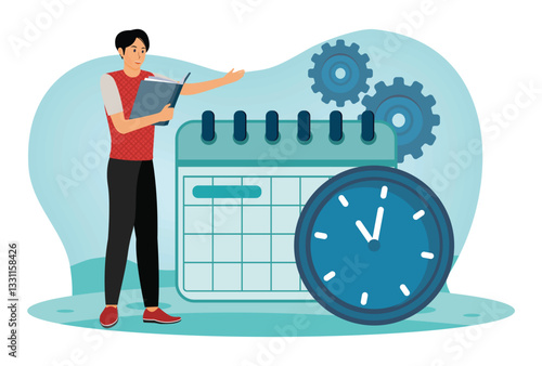 Time Management concept. Men with Calendar and Clock Elements
