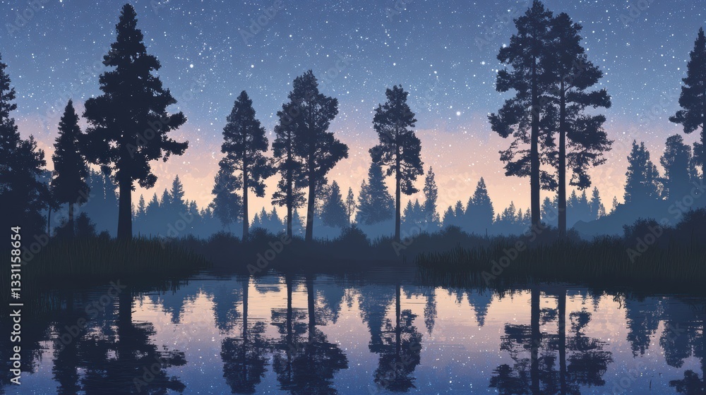 Fototapeta premium Silhouette of Pine Trees at Night Reflected in a Calm Lake Under a Starry Sky